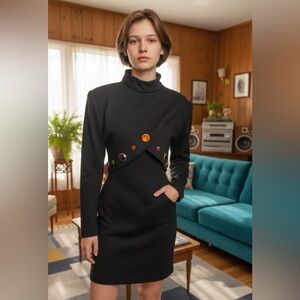 1980’s women’s black knit jeweled long sleeve bodycon padded shoulder minidress.